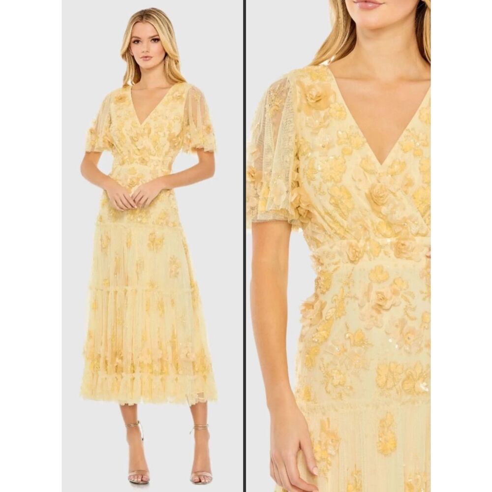 MAC DUGGAL 9207 Yellow Floral Embellished Flutter Sleeve Tiered Dress